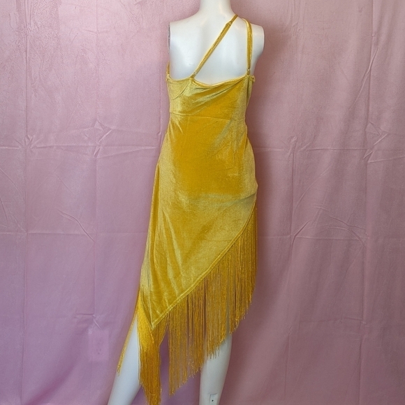Golden Yellow Velvet One Shoulder Twist Front Fringe Hem Mini Dress size Large - Picture 5 of 9